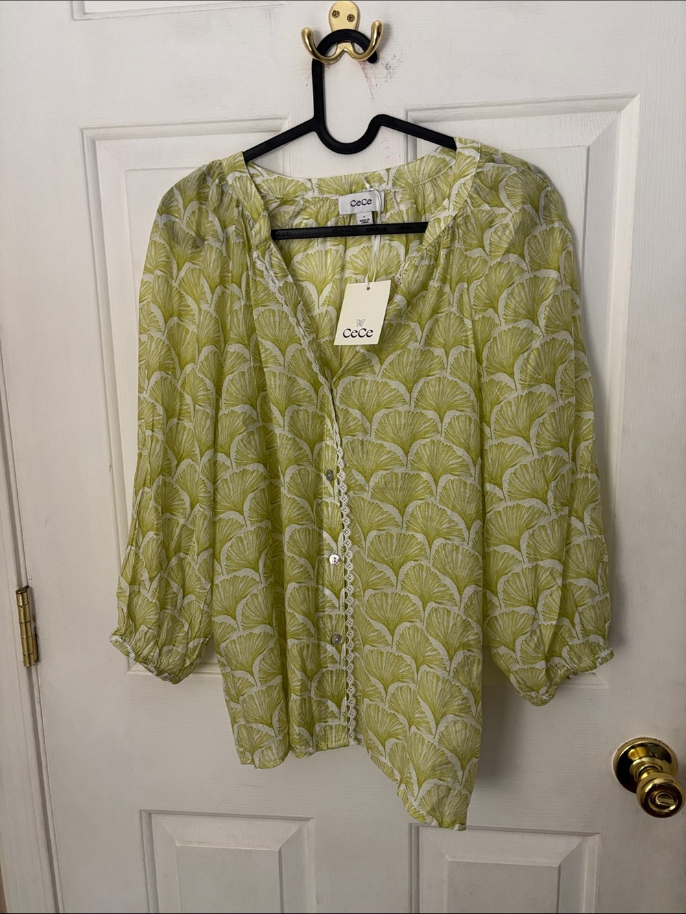CeCe Lime Green Printed Button-Front Blouse